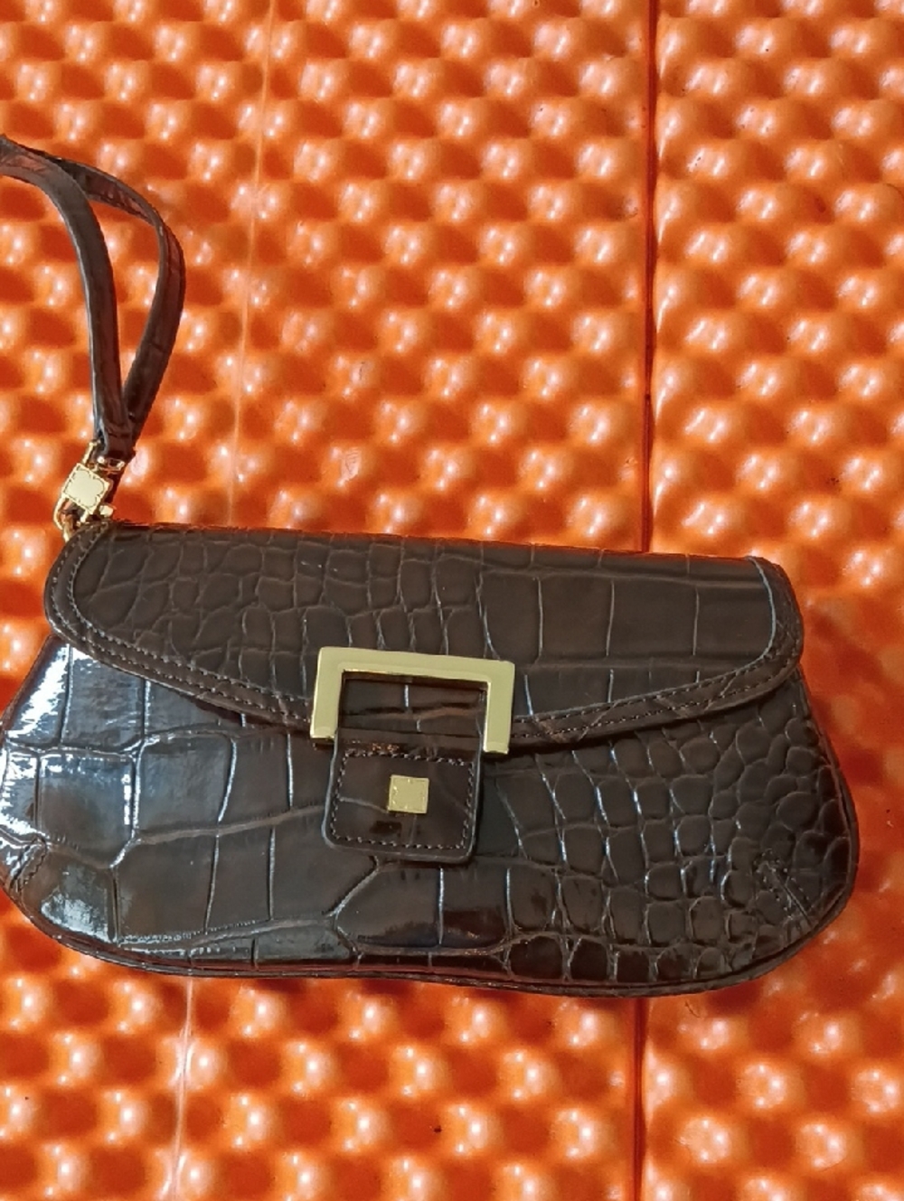 Liz Claiborne Croc-Embossed Dark Brown Wristlet with Gold Accent